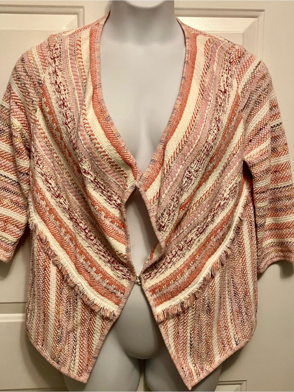 Chico's Sz M Open-Front Textured Cardigan Pink Cream Terra Cotta Striped